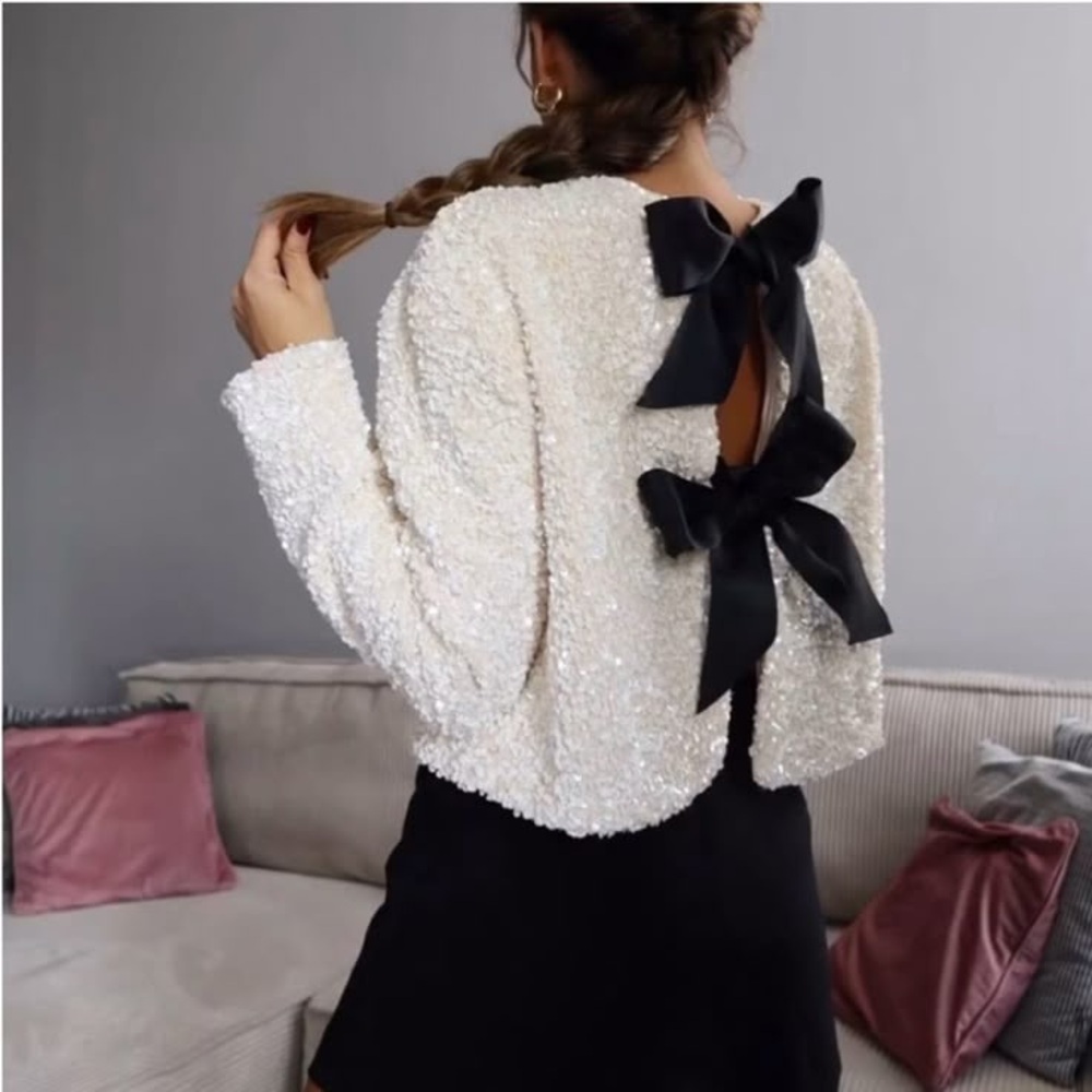 H&M Ivory Sequin Cropped Jacket with Black Bow Ties - Picture 10 of 10